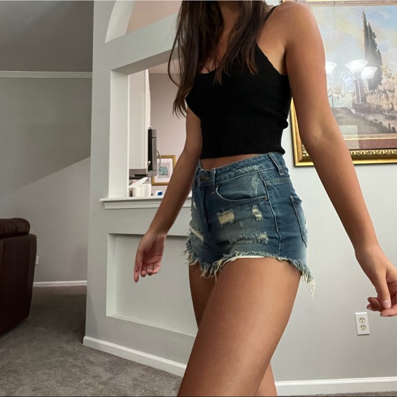 Distressed Ripped High Waisted Jean Shorts - Picture 2 of 4